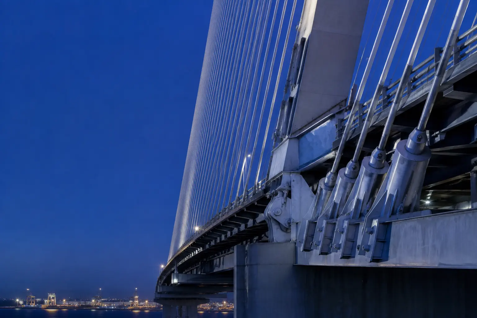 Engineered cable-stayed bridge connections at blue hour